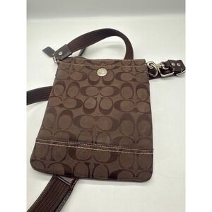 COACH Brown Fabric Coach Logo Print Mini Crossbody Shoulder Bag